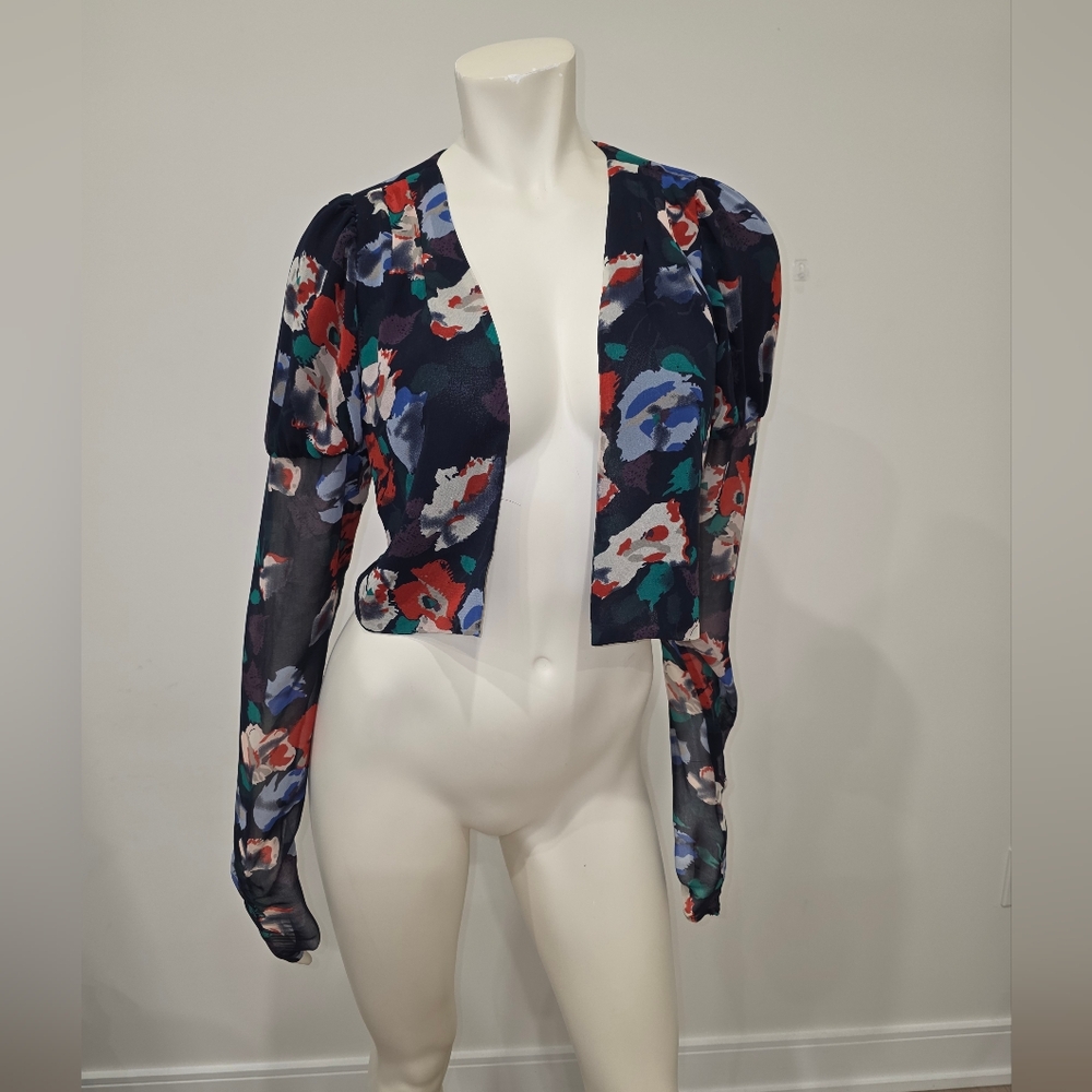 NWOT Warehouse Vibrant Red and Blue Floral Cropped Blazer with Artistic Design